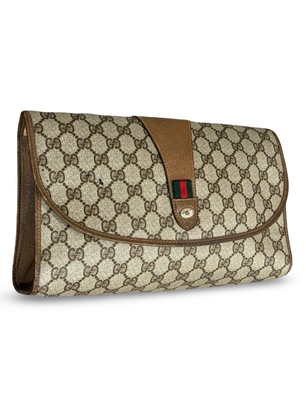 Vintage Gucci GG Supreme Web Stripe Clutch Bag Brown Canvas Authentic Crossbody